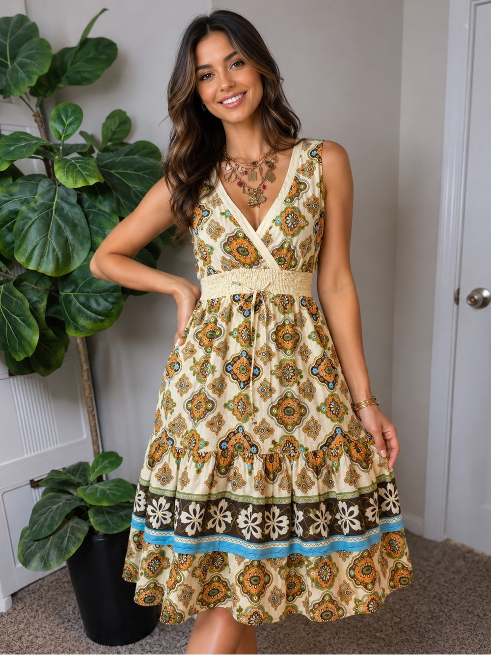 Chaudry  Kc Sleeveless V-Neck Midi Dress